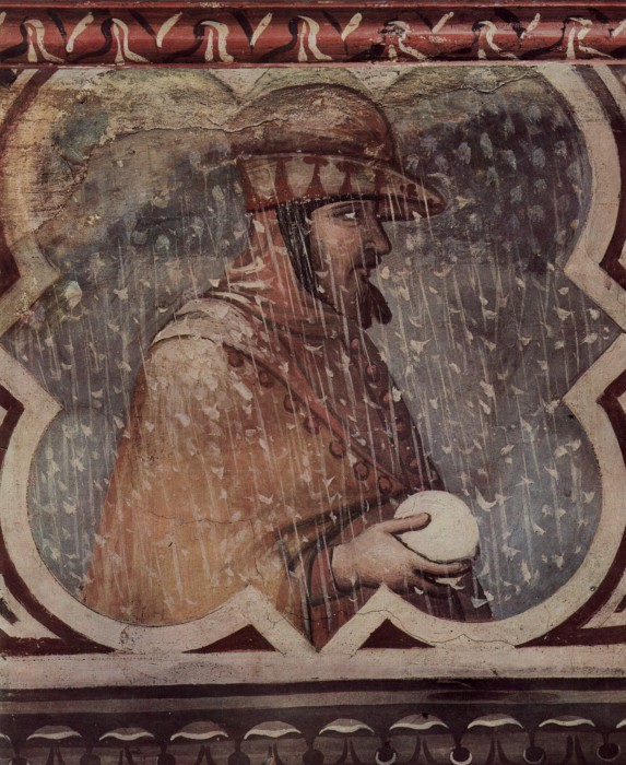 Allegory of Winter by Ambrogio Lorenzetti fresco at the Palazzo Publico in Siena c. 1338 1340 573x700 Batailles de boules de neige au Moyen Age