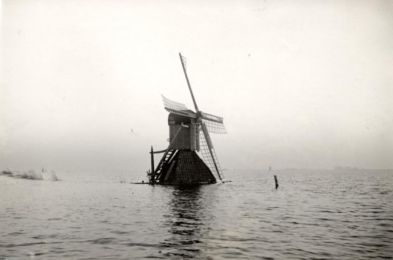 Dutch mill facing the flood of 1926. Grouw, the Netherlands