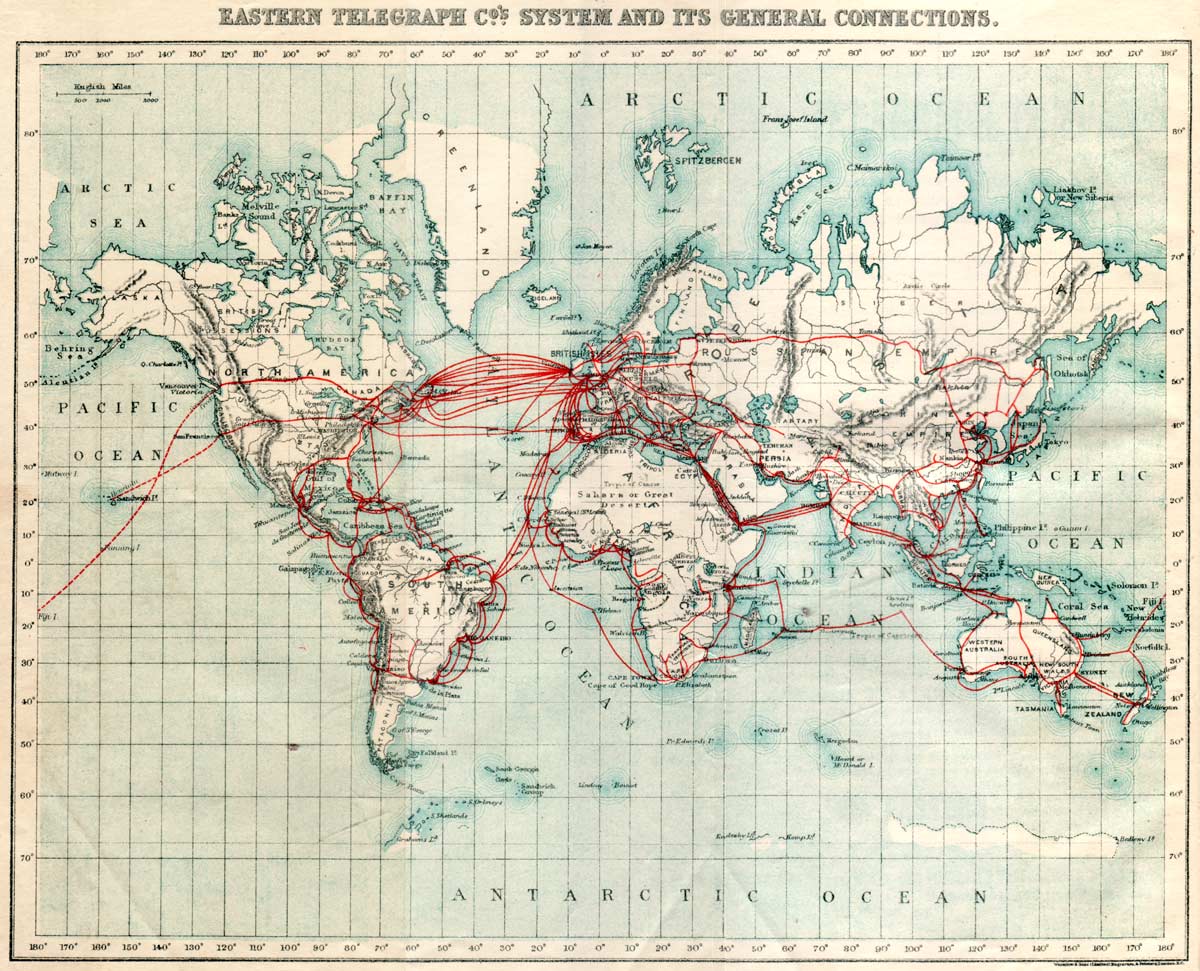 Carte des cables télégraphiques en 1901