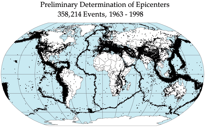 Carte de 358 214 séismes de 1963 à 1998