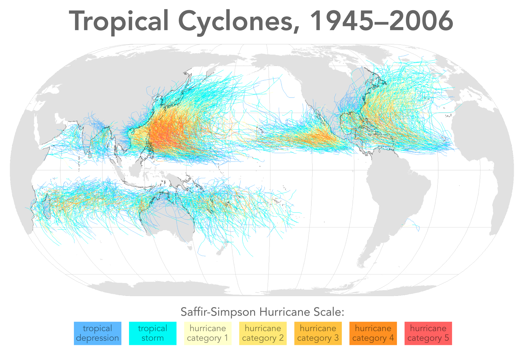 Carte des trajectoire des cyclones tropicaux de 1946 à 2006