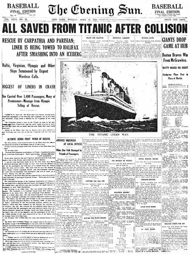 Le lendemain du naufrage du Titanic la presse annonce le sauvetage de tous les passagers