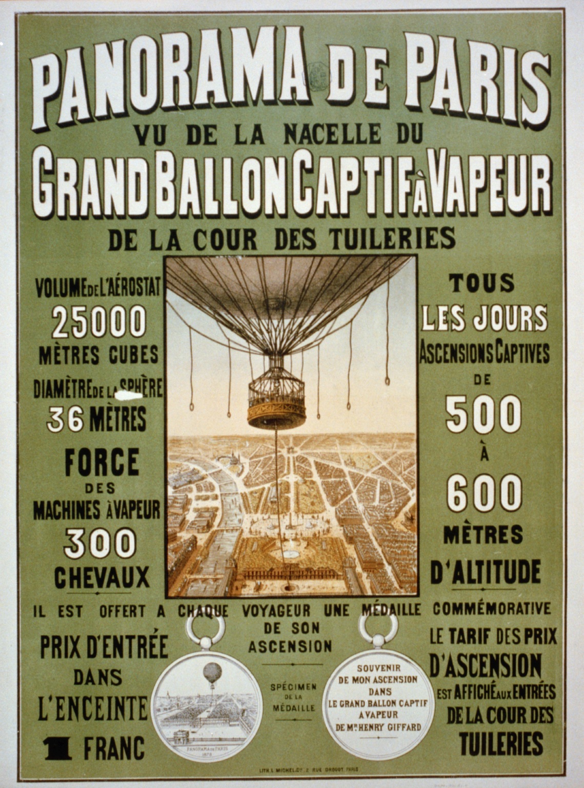 Le ballon captif d’Henri Giffard au dessus de Paris en 1878