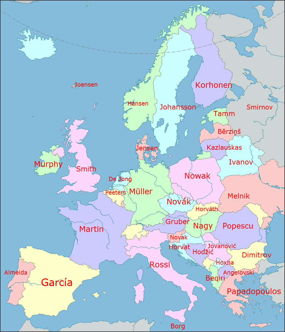 Carte des noms de famille les plus courants en europe