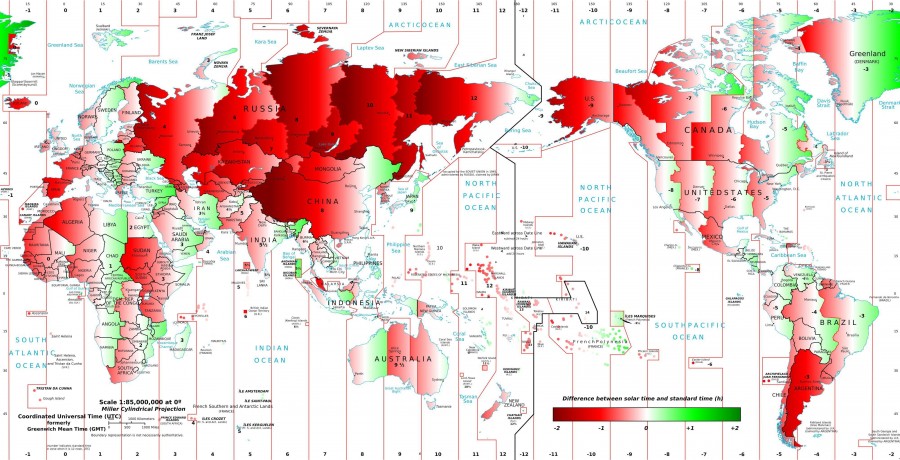 Carte mondiale de la différence entre le temps légal et le temps solaire