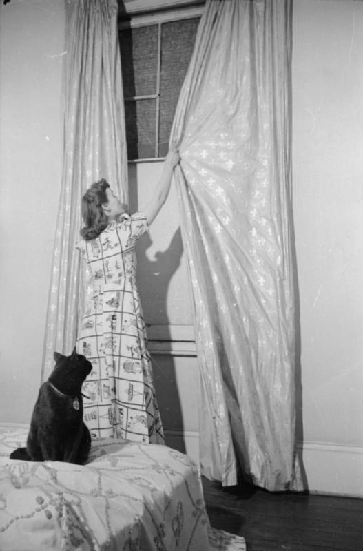 Mrs Olive Day ouvre ses rideaux, la fenêtre a été  cassée  par un raid aérien et remplacée par un tissu en lin.  Son chat  Little One la regarde depuis le lit.