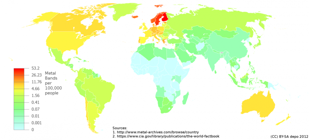 Carte mondiale du nombre de groupes de Métal par habitant