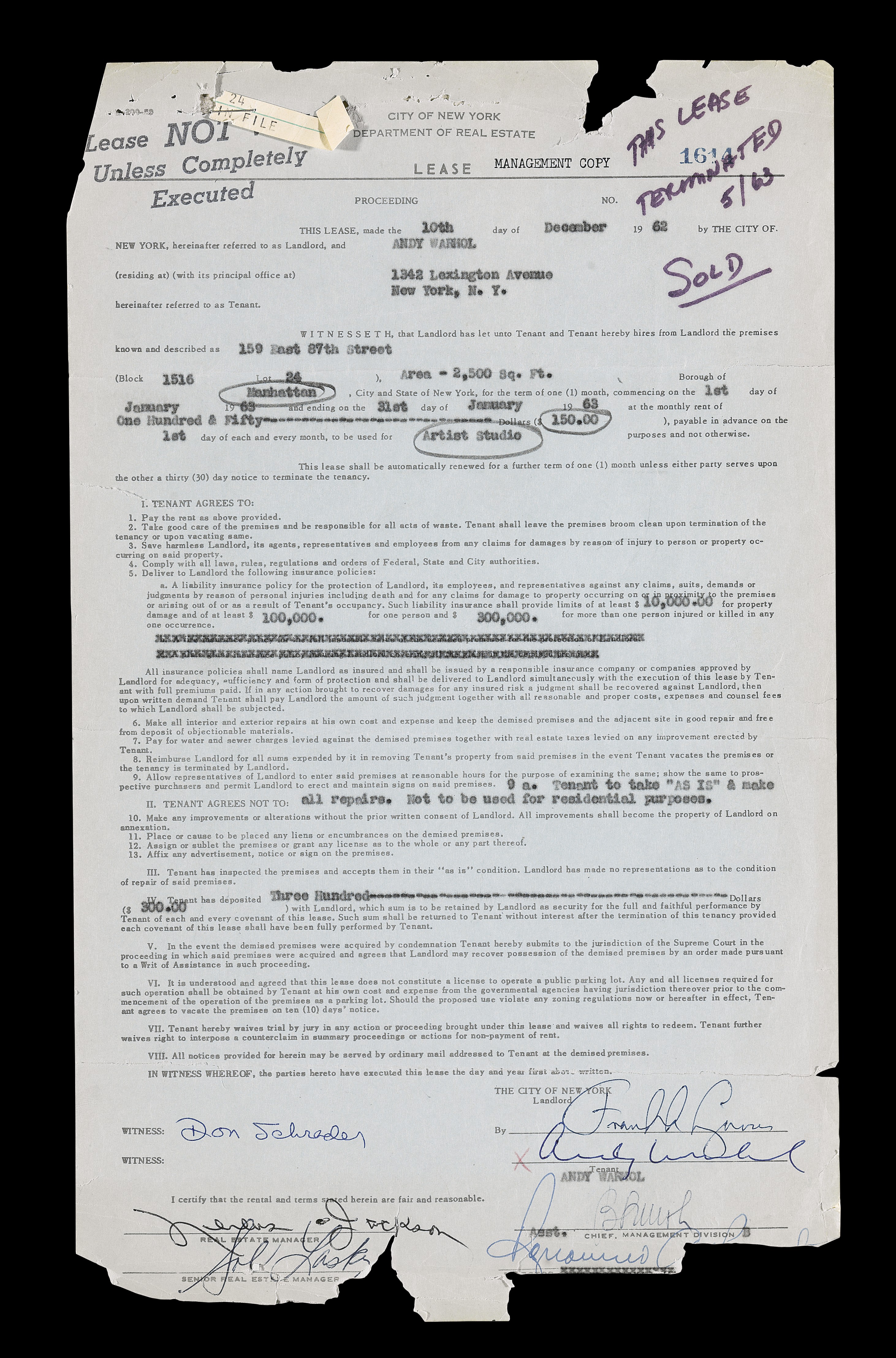 Le contrat de location du premier studio d&rsquo;Andy Warhol