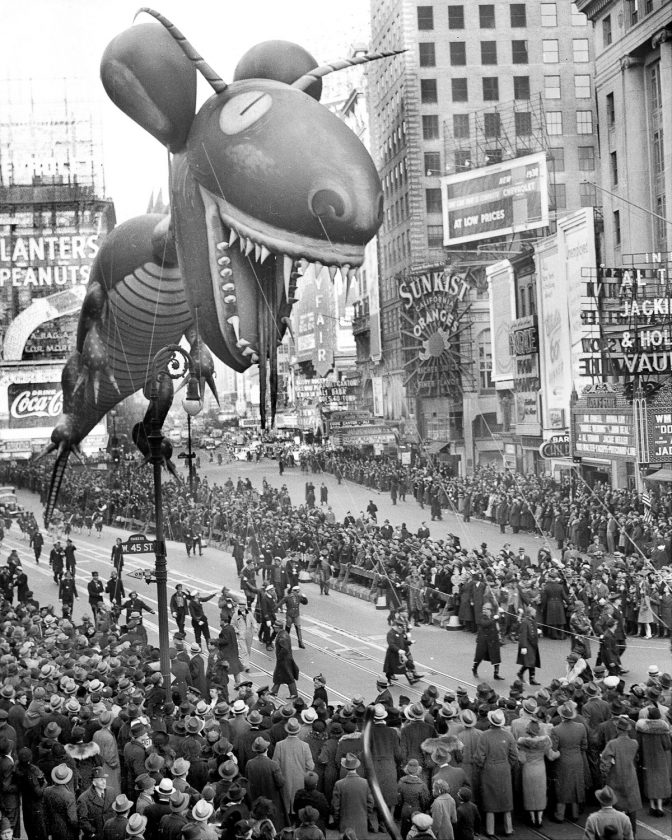 UNITED STATES - NOVEMBER 25: Balloons float down Broadway in thirteenth annual Macy's Thanksgiving Day parade. Seven musical organizations, twenty-one floats and balloon units and 400 costumed marchers participated in this year's merry cavalcade. All doubt as the existence of Santa Claus was dispelled. He Was There! (Photo by Walter Kelleher/NY Daily News Archive via Getty Images)