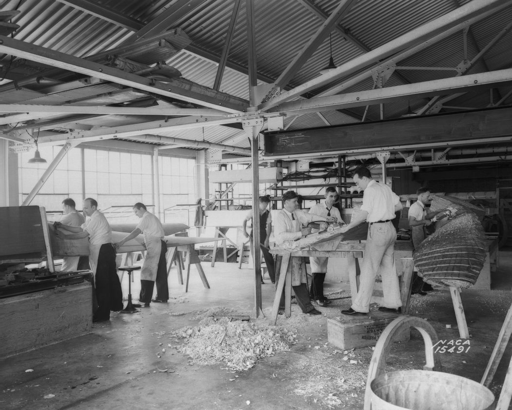 Langley woodworkers shape the 30 x 60 Full Scale Tunnel's enormous twin fan blades 1938